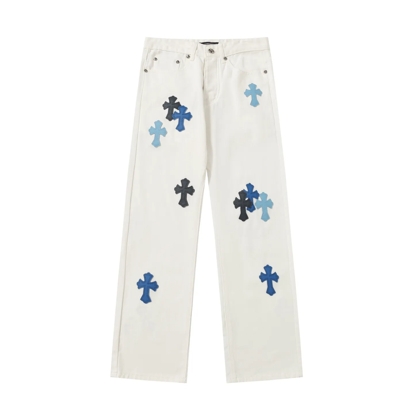 P280 - Chrome Hearts/Chrome Hearts classic white cow series colorful leather cross washed color fabric men's and women's denim trousers -Vibe style straight stacked god-level version -carbon fine bias denim color cloth -old vintage complete set of hardware - Chrome Hearts white cow series The high version uses high-ounce customized fabrics, fermentation washing and soft color fixation, soft and thick to wear, the details are all hand-polished and crafted, all-over jacquard fabrics unique design style After multiple processes to create a full retro feel, a niche and unique non-contrast shirt, custom-made distressed spray-painted buttons, every detail is crafted with craftsmanship. Color: Picture color Code number: 28-36